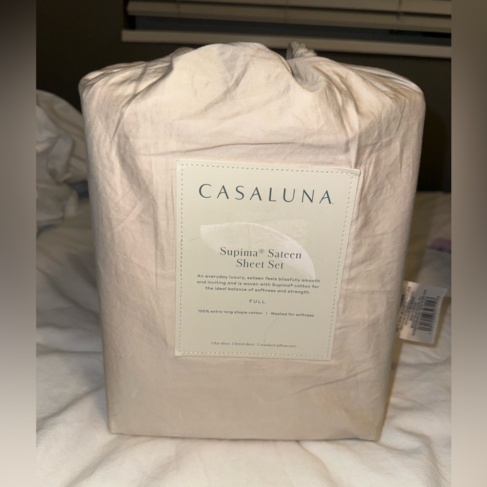500 Thread Count Supima Sateen Solid Sheet Set, Size FULL, Ivory - Casaluna NWT
